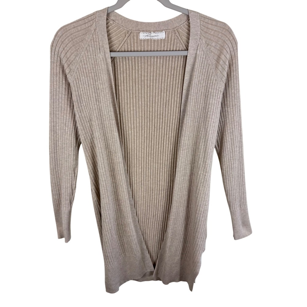 Pointelle Womens Ribbed Open Front Cardigan Taupe Beige Longline Sweater Small